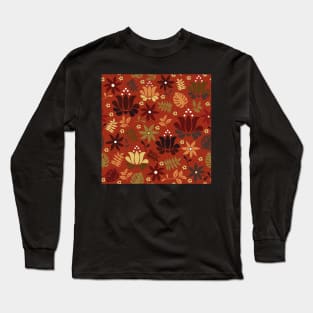 orange and yellow flowers on rust red Long Sleeve T-Shirt